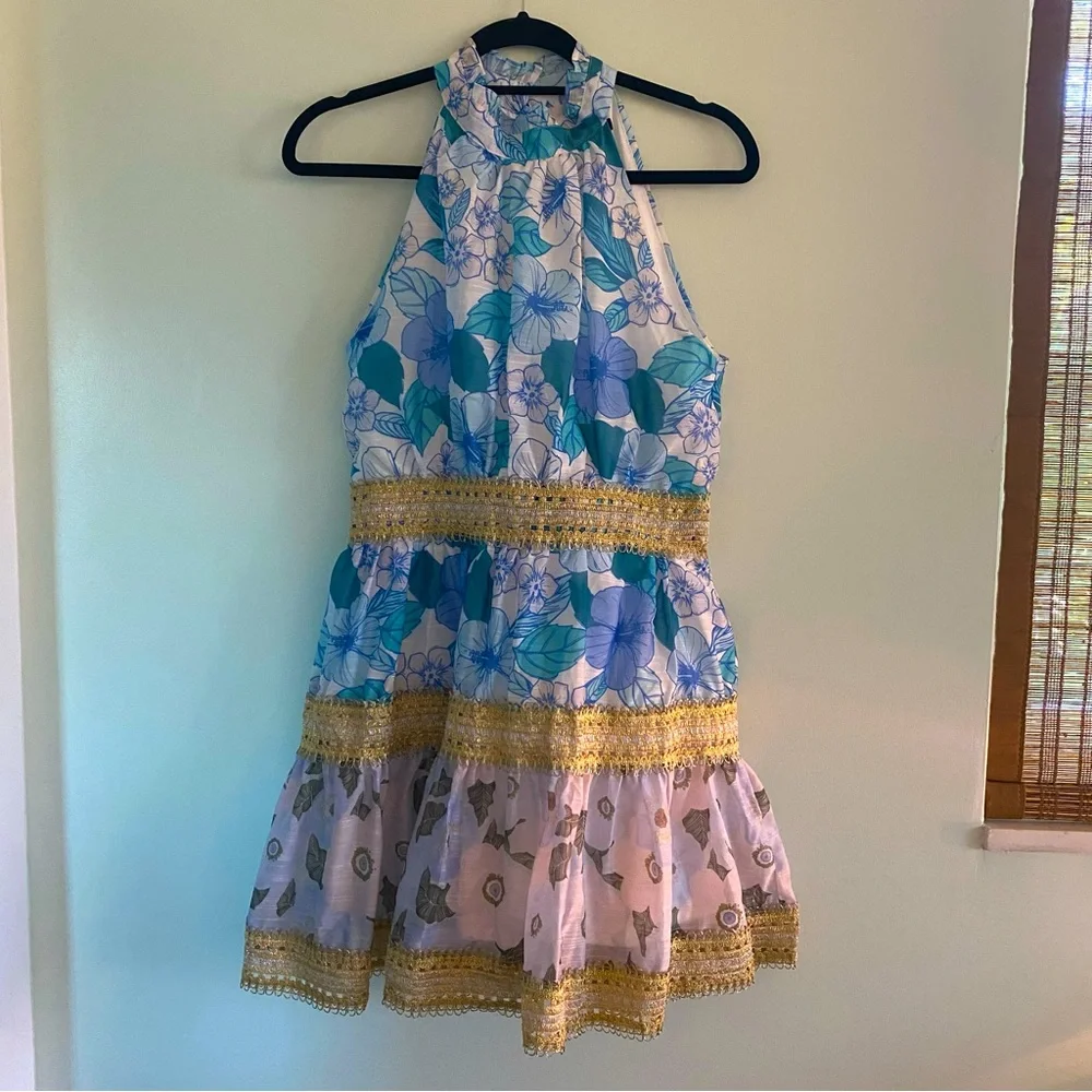 Blue High Neck Hibiscus Dress - Picture 1 of 6